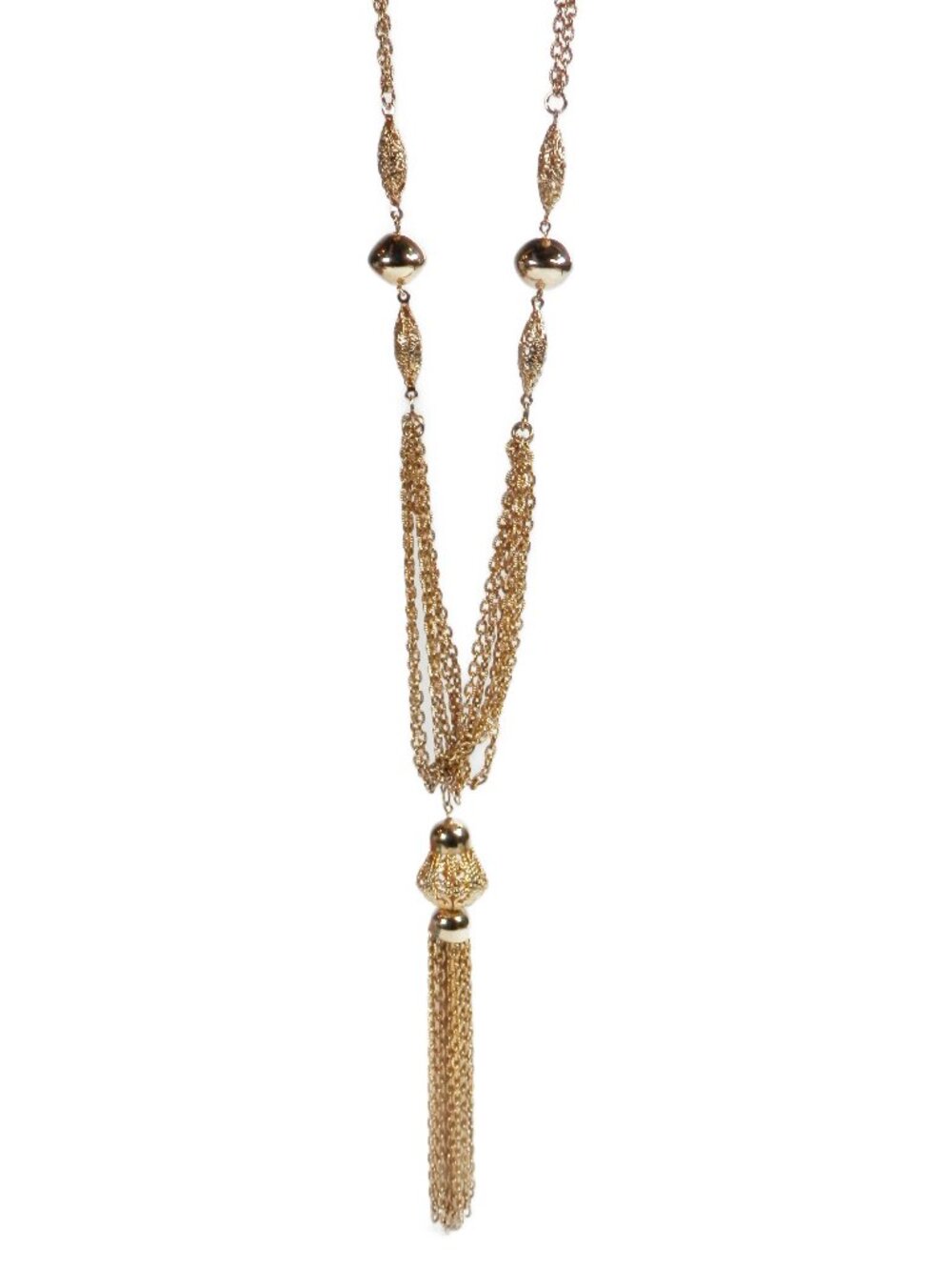 Vtg 1960s Unsigned Tassel Pendant Filigree Bead Gold Tone 29" Necklace